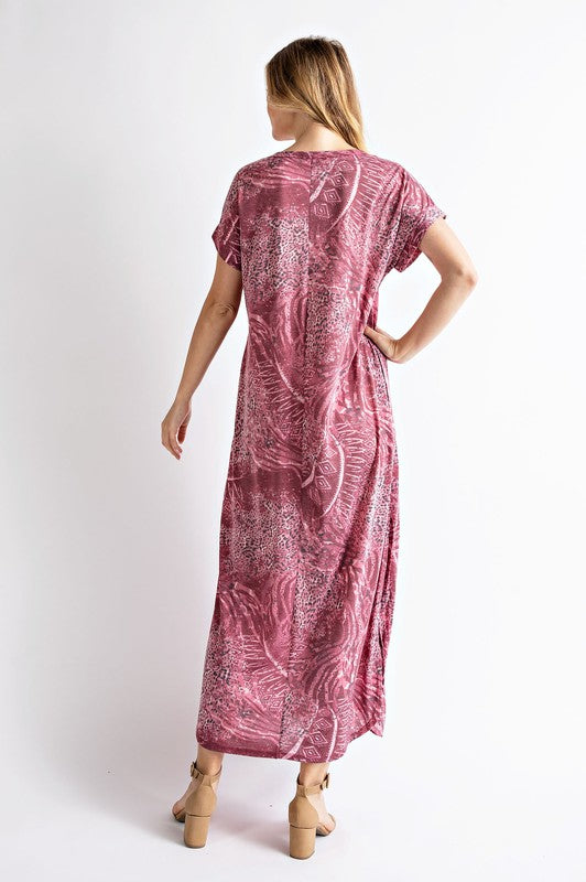 6137- Burgundy Mixed Animal Print Maxi Dress w/ Pockets