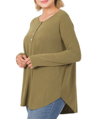 1928- Dusty Olive Shell Hem Long Sleeve Button Top