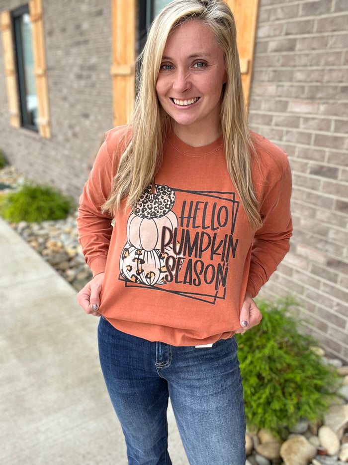 6994- Hello Pumpkin Season Long Sleeve Comfort Colors Tee