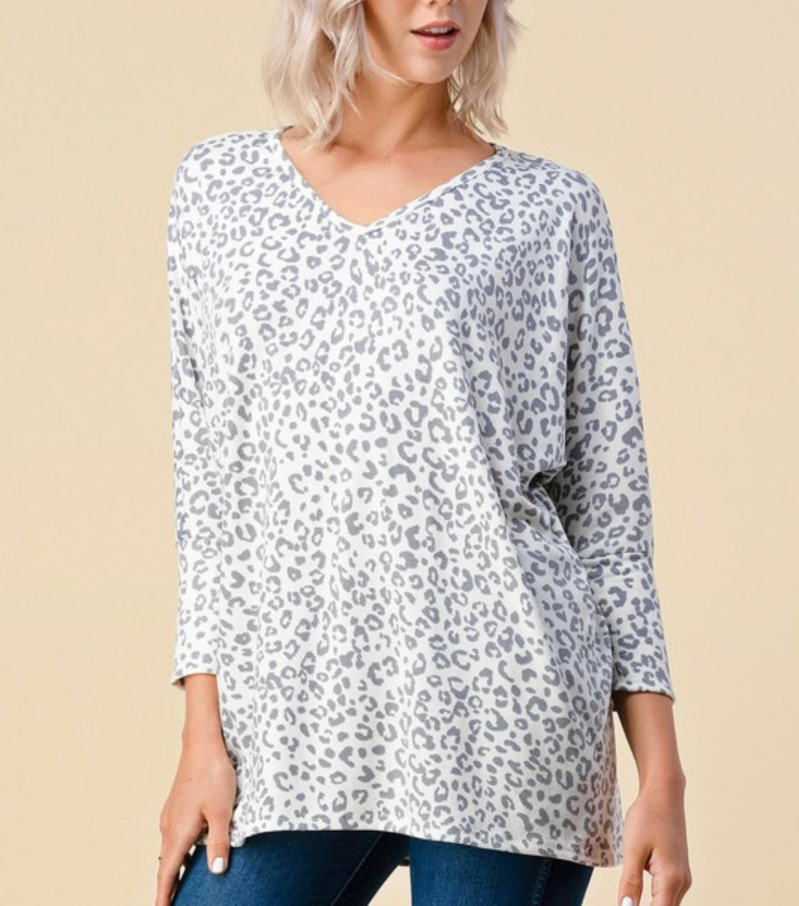 1662- Gray Relaxed Fit Animal Print Top