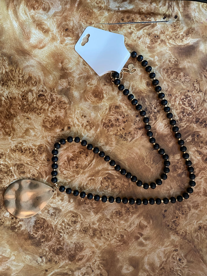 Black Wood Bead w/ Gold Pendant