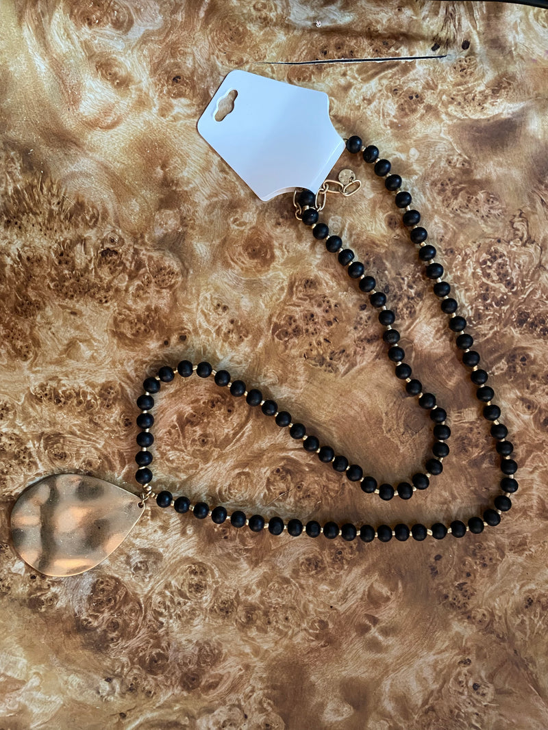 Black Wood Bead w/ Gold Pendant