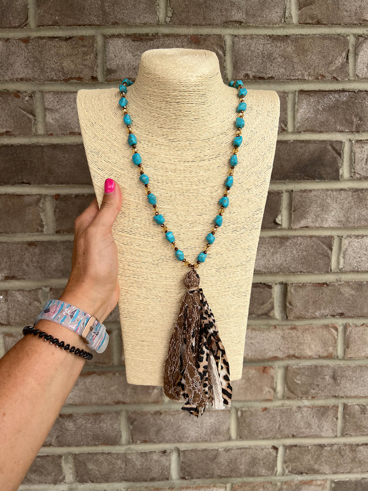 6258- Turquoise Beaded Necklace w/ Leopard Tassel