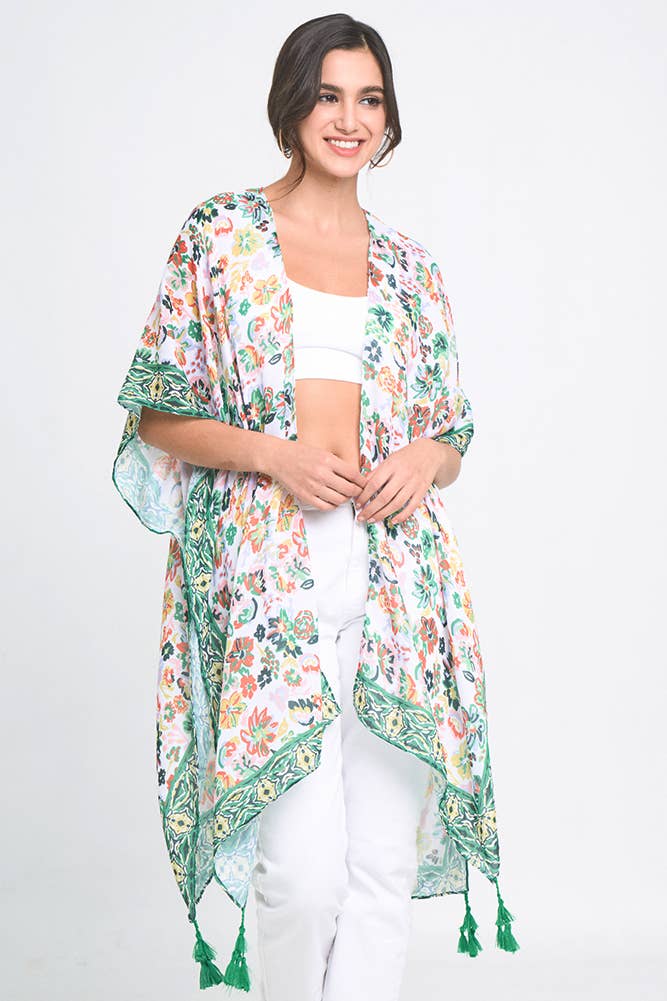 7933- Green Floral Print Tassel Kimono