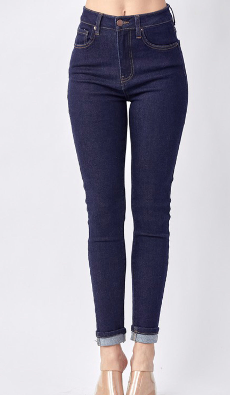 1477- High Rise Dark Denim Cuff Ankle Jeans