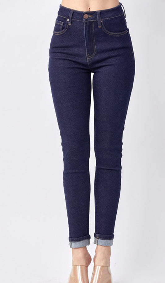 1477- High Rise Dark Denim Cuff Ankle Jeans