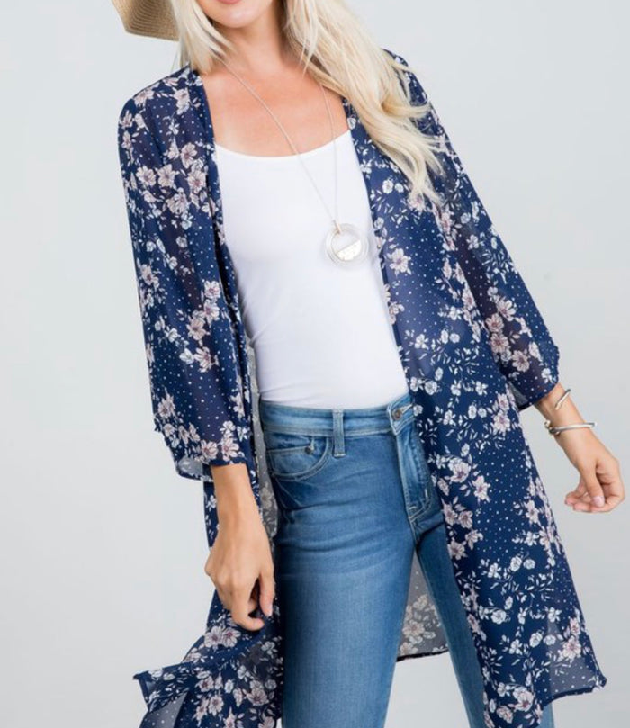 1182- Navy Printed Chiffon Cardigan w/ Floral Detail