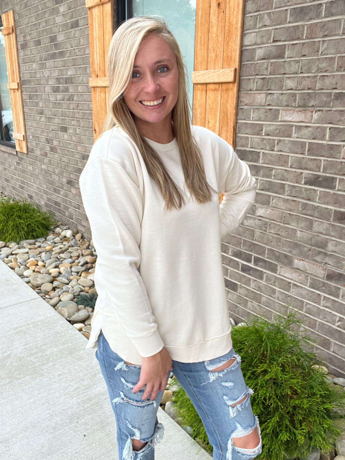 6977- Ivory Fleece Scoop Hem Poncho Sweatshirt by Royce