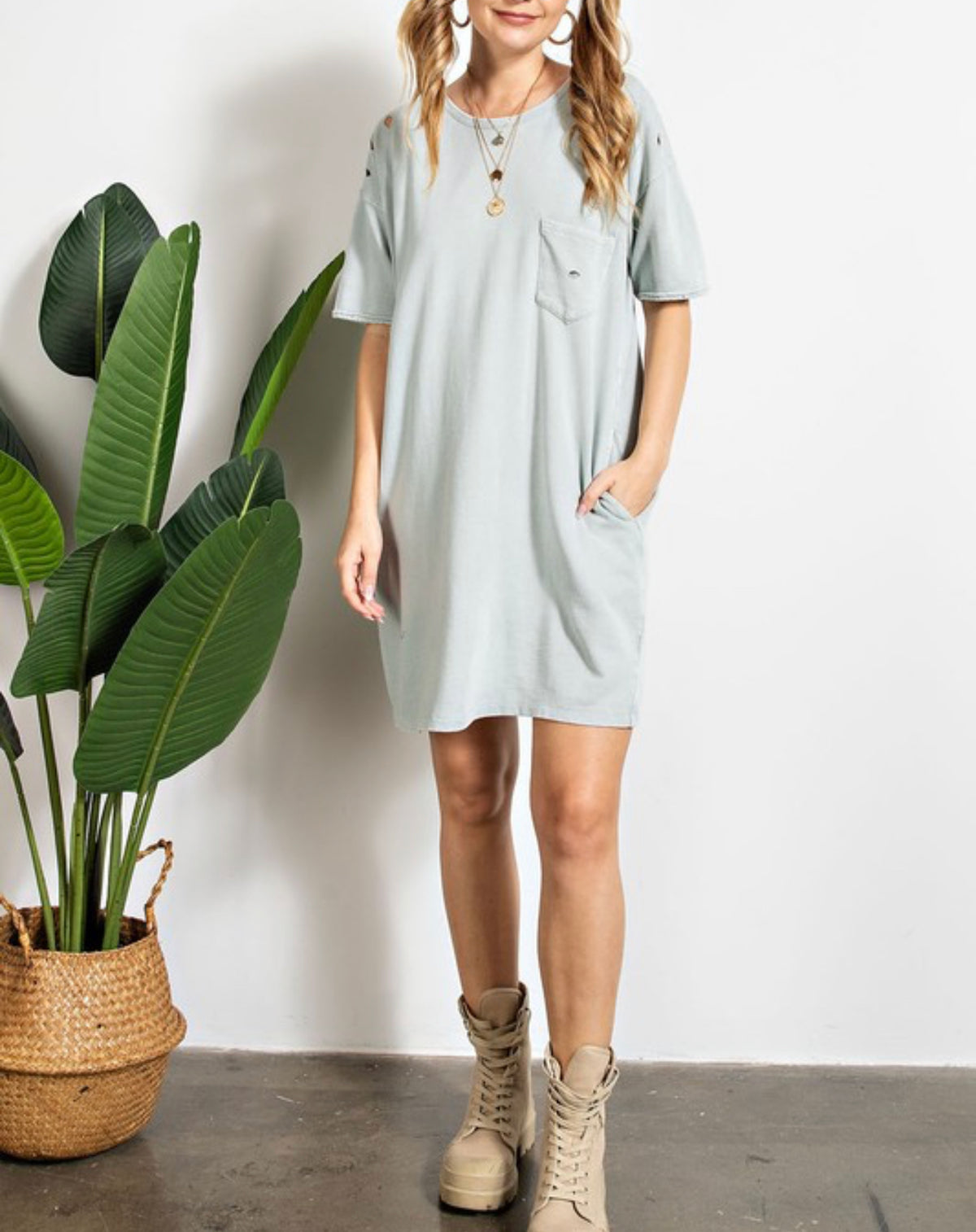 6760- Sage Distressed T-Shirt Dress w/ Pockets