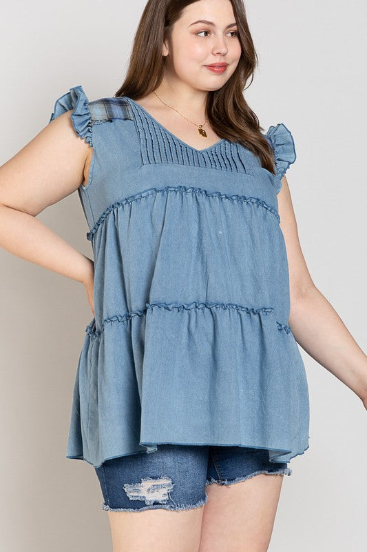 8032- Chambray Ruffle Tank Top