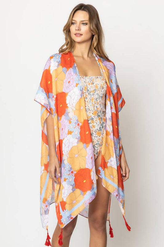 7936- Orange Floral Print Tassel Kimono