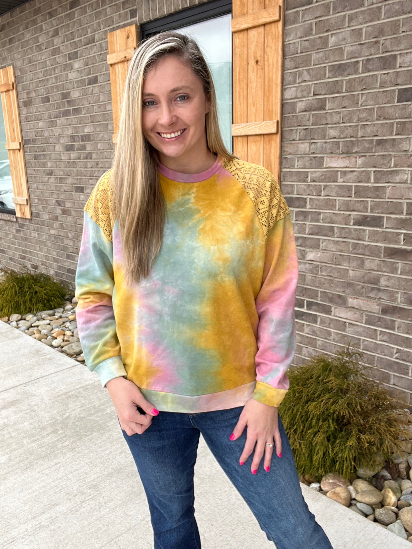 7275- Mustard Tie Dye Sweatshirt w/ Detail Sleeves