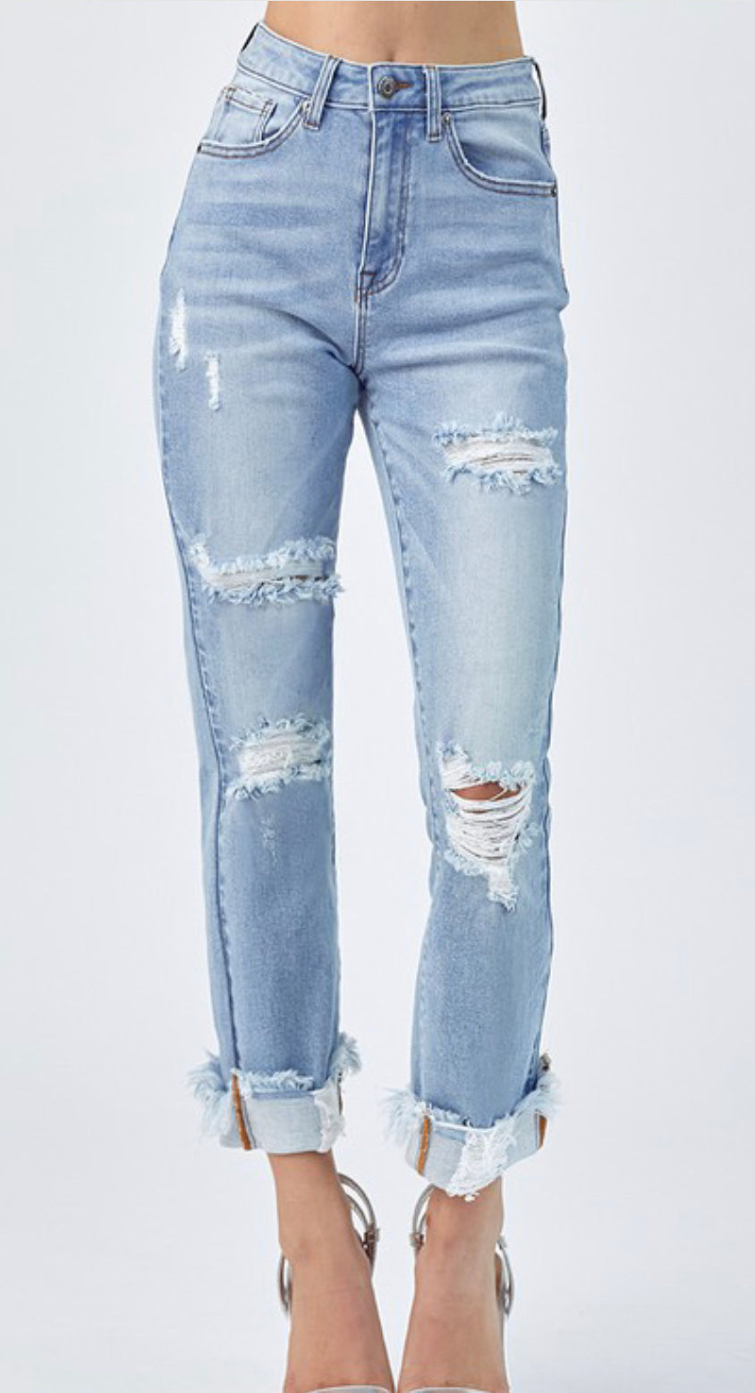 1559- Distressed Boyfriend Light Wash Jeans w/ Cuffed Hem