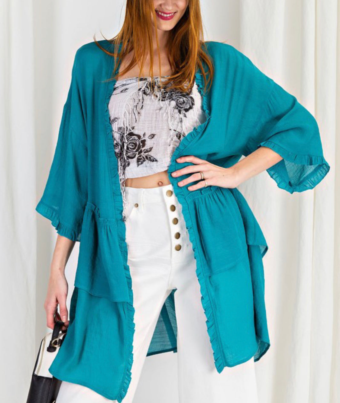 1226- Exotic Turquoise Ruffle Cardigan