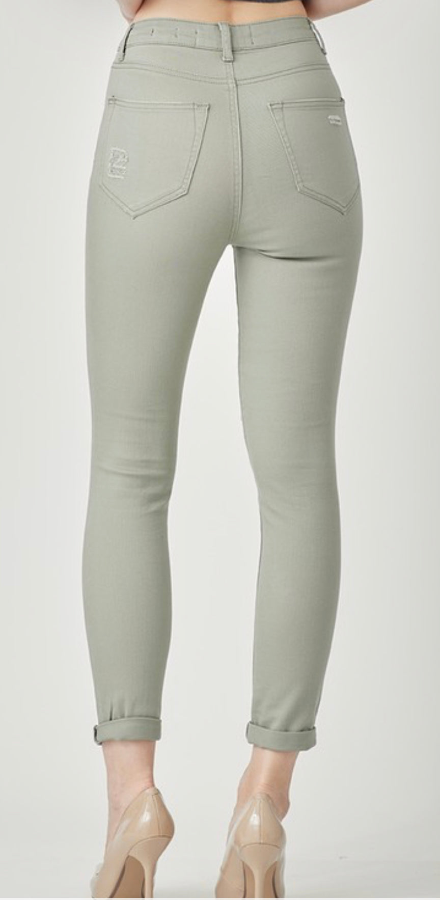 1334- Sage Distressed Relaxed Skinny Jeans