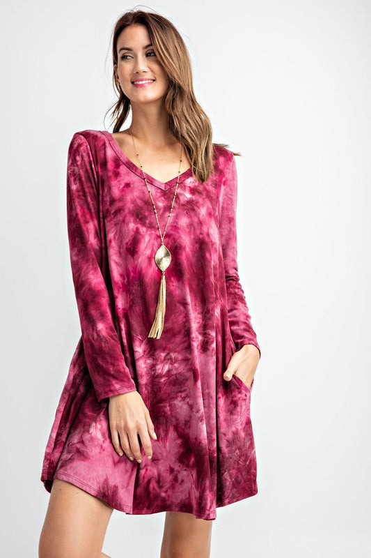 6803- Burgundy Tie Dye Long Sleeve Swing Dress