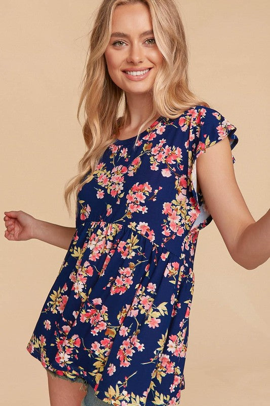 970-Navy Floral w/ Tank w/ Ruffle Sleeve