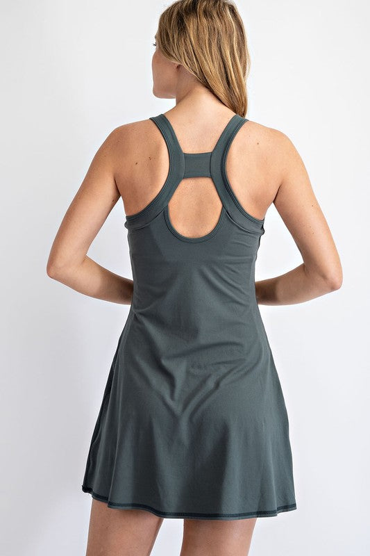 6123- Smoked Spruce Athletic Dress w/ Double Pocket Biker Shorts