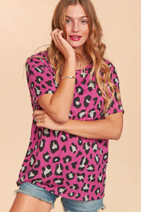 550- Fuchsia Leopard Animal Print Drop Shoulder Short Sleeve Top