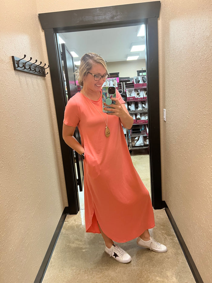 128- Coral Buttersoft Mid Calf Scoop Hem Dress w/ Pockets