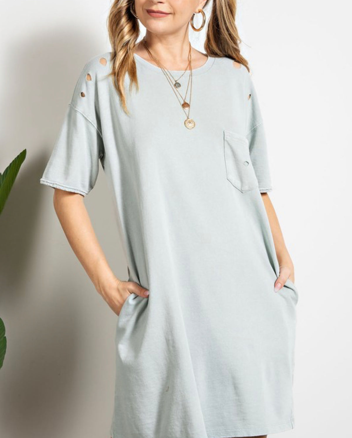 6760- Sage Distressed T-Shirt Dress w/ Pockets