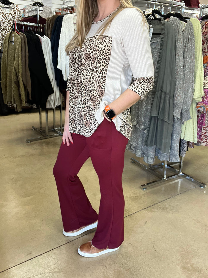 7212- Burgundy French Terry Flare Lounge Pants