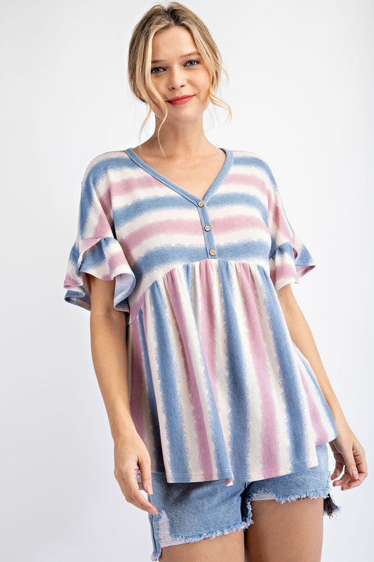 6138- Pink & Blue Stripe Flutter Sleeve Top w/ Button Detail