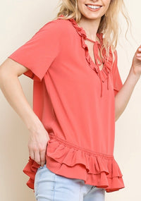 1391- Umgee Coral Ruffle V-Neck Top