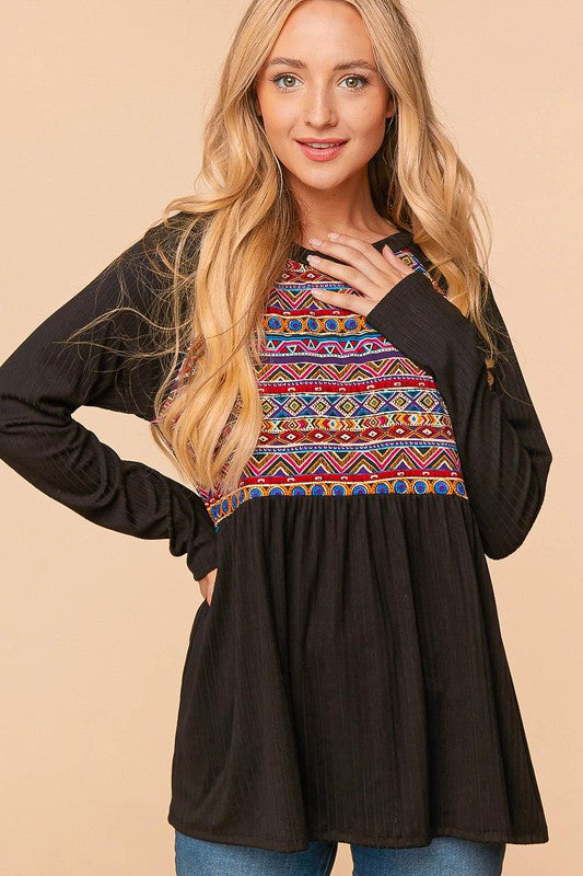 1813- Black w/ Aztec Babydoll Top