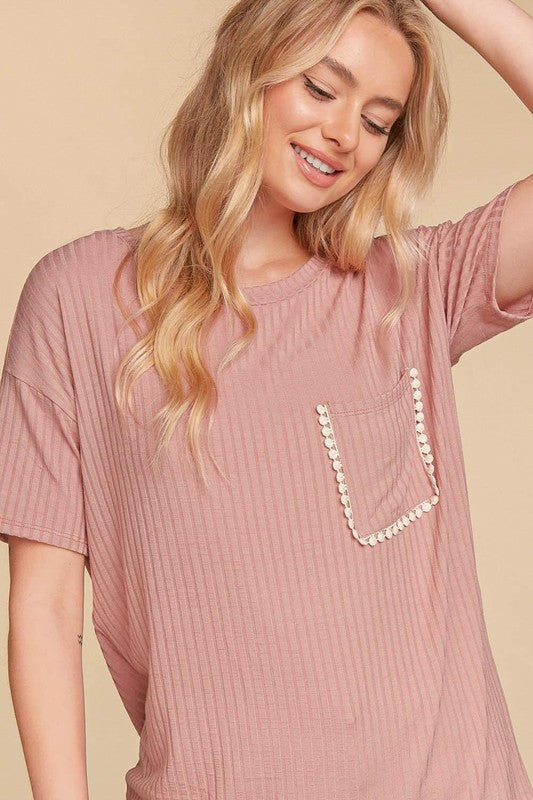 971- Dusty Rose Ribbed Dolman Sleeve Top