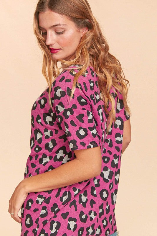 550- Fuchsia Leopard Animal Print Drop Shoulder Short Sleeve Top