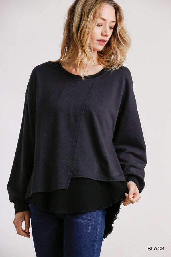 1729- Umgee Black Linen French Terry Top