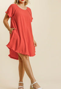 706- Umgee Coral Linen High Low Dress