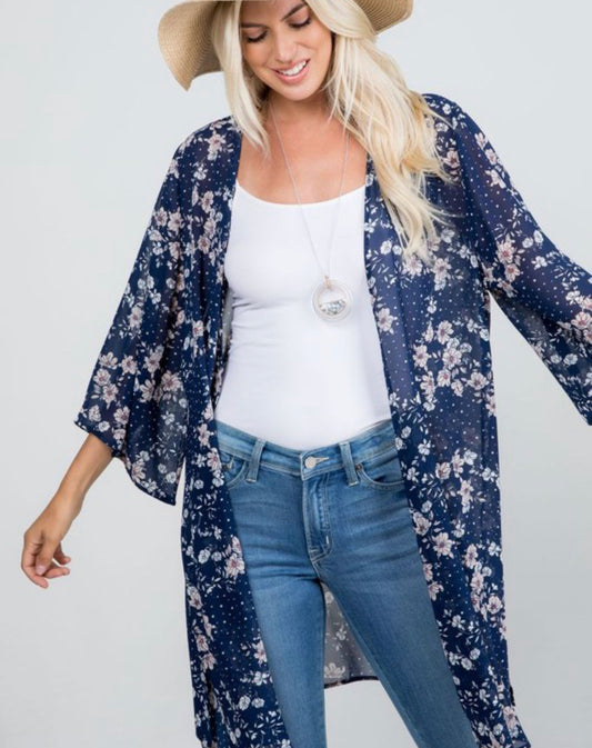 1182- Navy Printed Chiffon Cardigan w/ Floral Detail