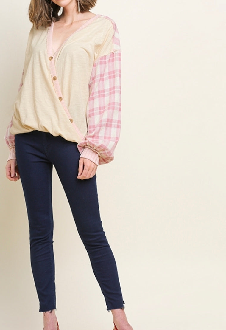 497- Umgee Pink & Cream Gingham Print Top