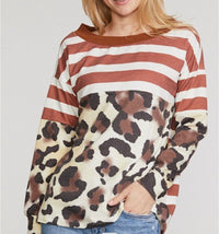 1437- Leopard & Stripe Color Block Top