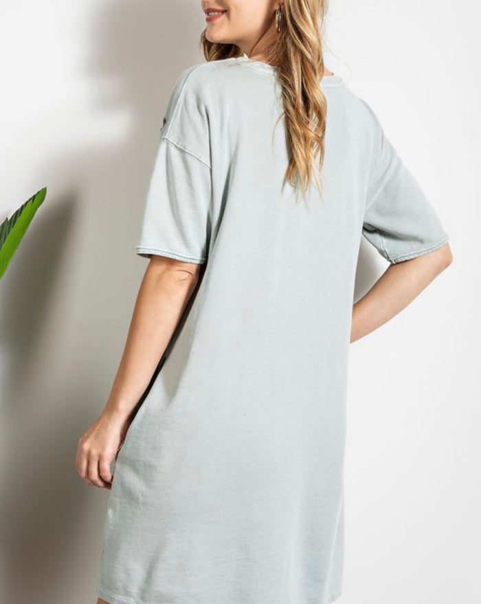 6760- Sage Distressed T-Shirt Dress w/ Pockets