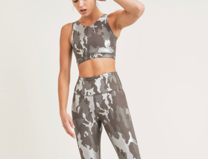 1168- Mono B Silver Foil Camo Criss-Cross Strap Sports Bra