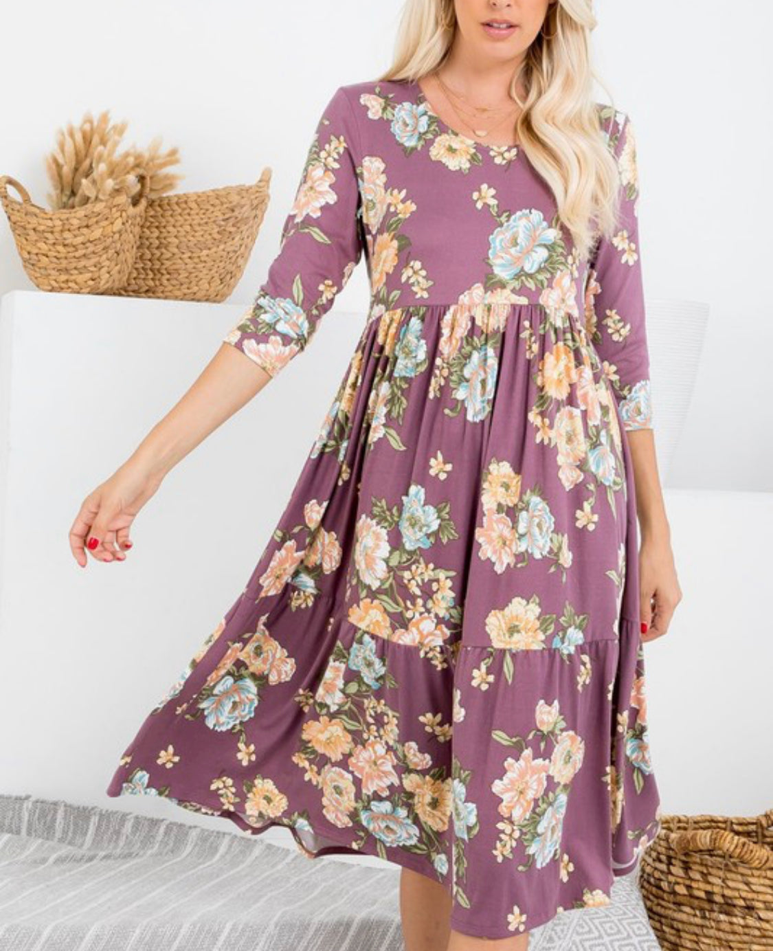 1624- Lavender Floral Midi Tiered Dress