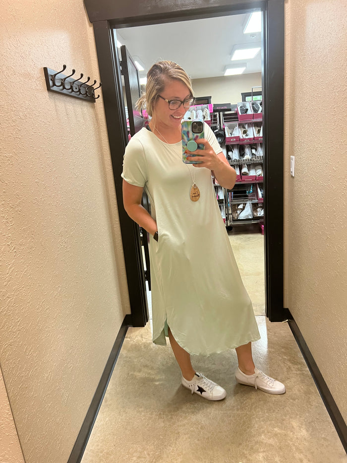 126- Sage Buttersoft Mid Calf Scoop Hem Dress w/ Pockets