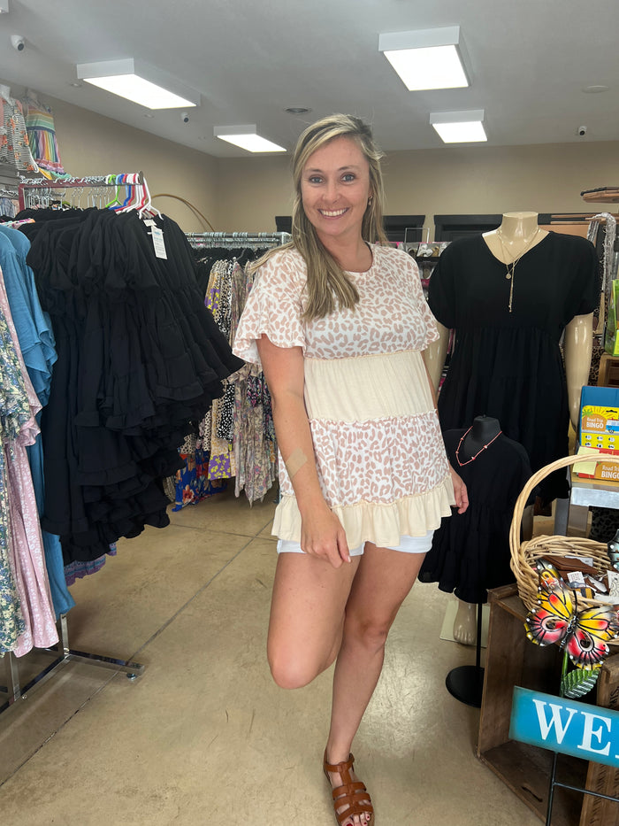 1876- Taupe Animal Print Ruffle Tier Color Block Top