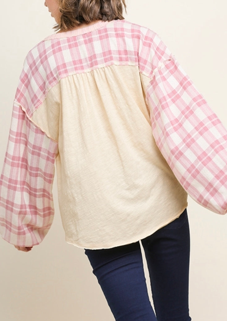 497- Umgee Pink & Cream Gingham Print Top