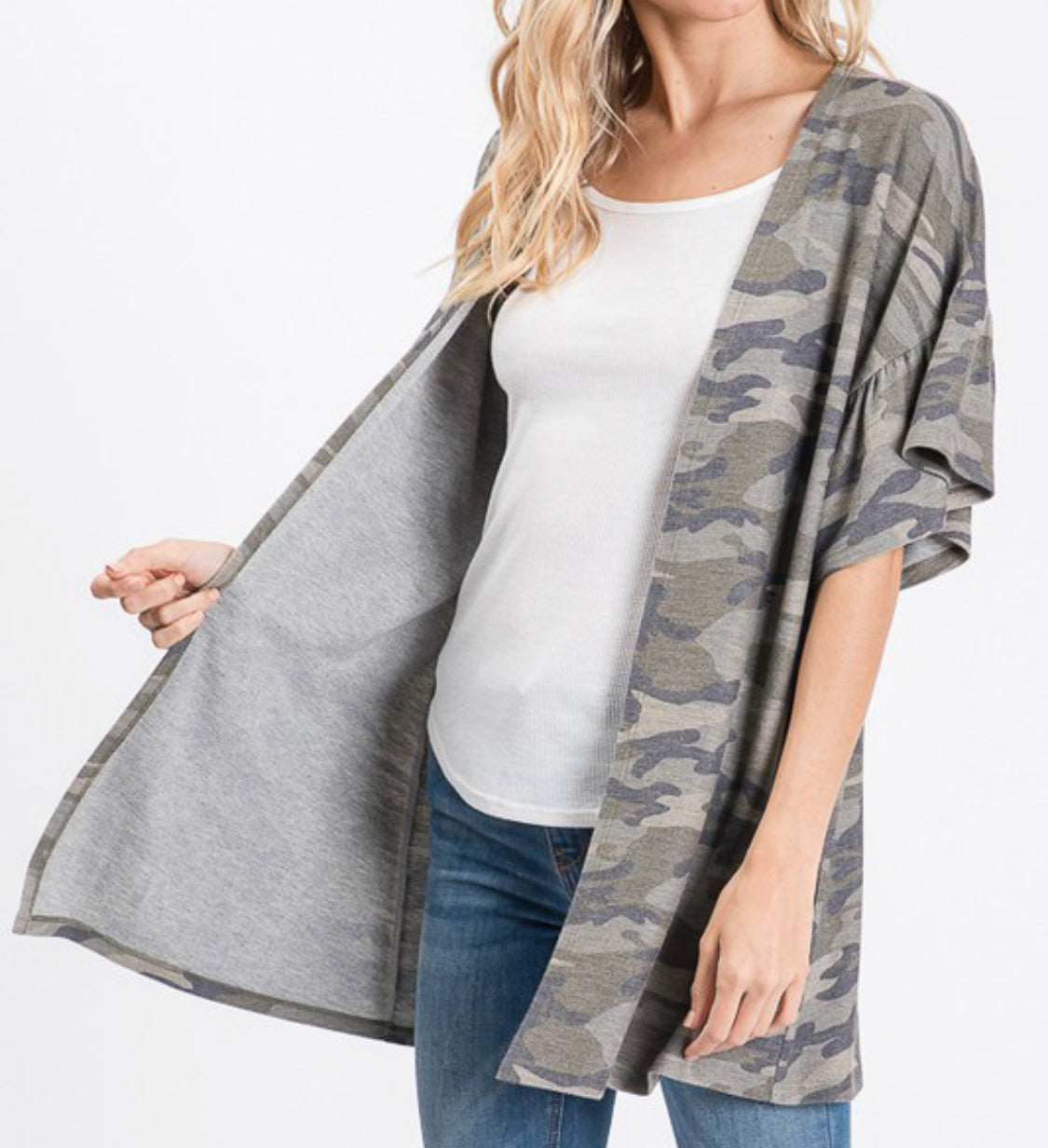 1445- Olive Camo Cardigan w/ Ruffle Sleeves