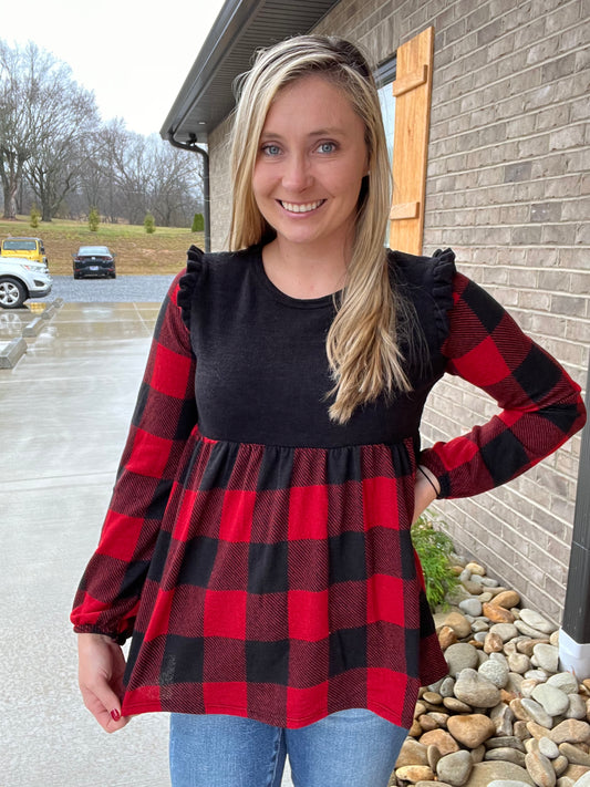 7280- Red & Black Plaid Babydoll Top w/ Ruffle Detail