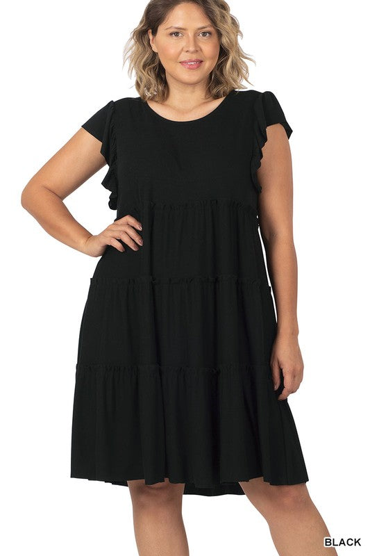 1474- Black Tier Dress w/ Ruffle Sleeves