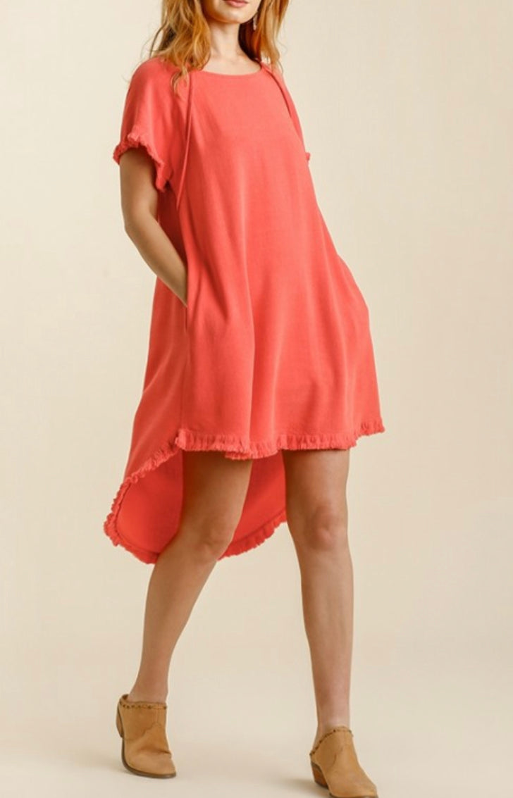 706- Umgee Coral Linen High Low Dress