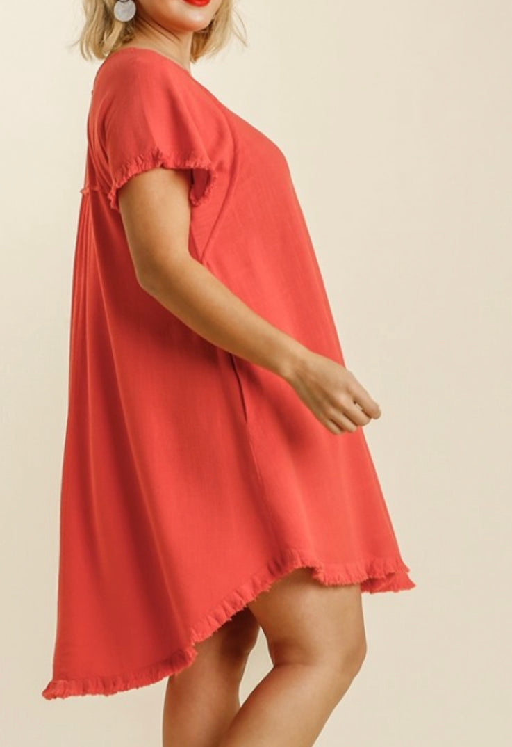 706- Umgee Coral Linen High Low Dress