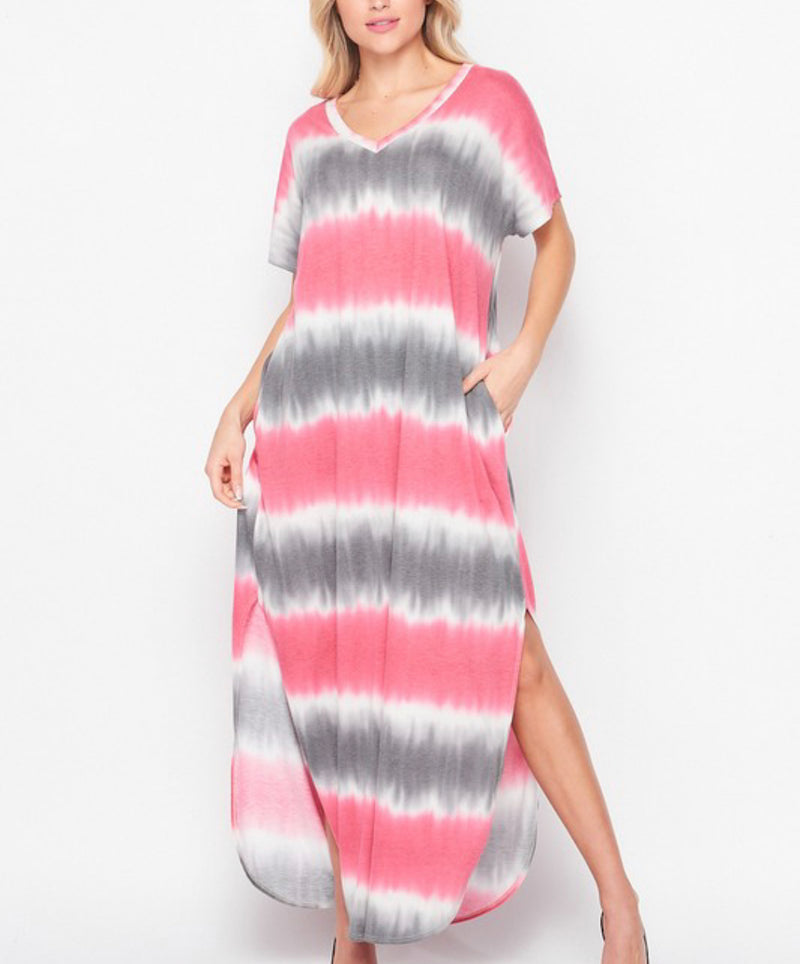 1192- Pink & Gray Tie Dye Maxi Dress