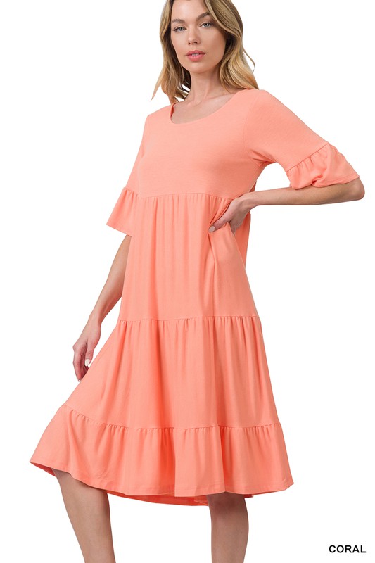 7356- Coral Ruffle Sleeve Tier Dress