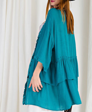 1226- Exotic Turquoise Ruffle Cardigan